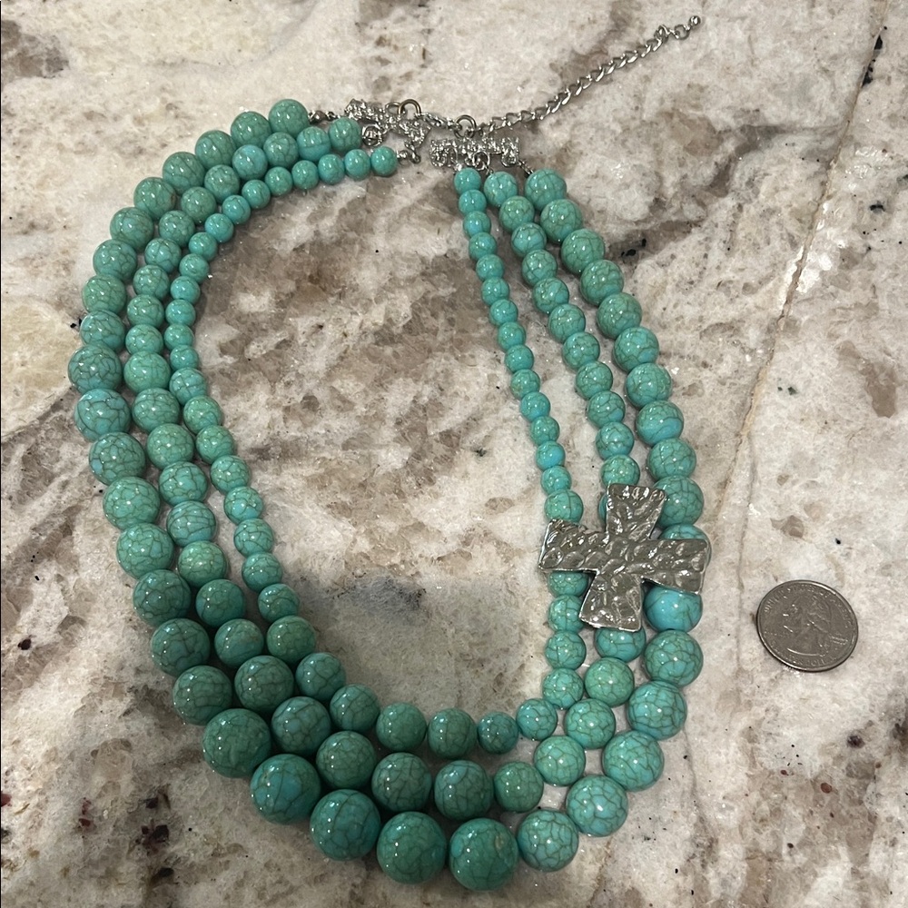 Turquoise Beaded Necklace with Silver Cross